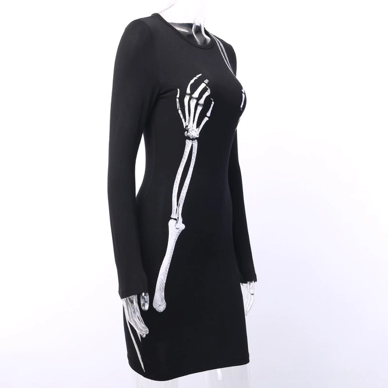 Black fitted mini dress shown on mannequin from side three-quarter angle, displaying skeleton print on torso and fitted long sleeves