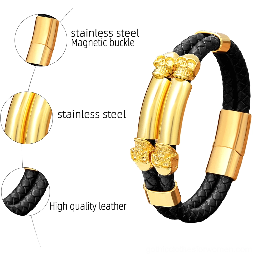 Gothic Skull Bracelet Detail View - Magnetic Clasp, Braided Leather, Stainless Steel Construction and Craftsmanship