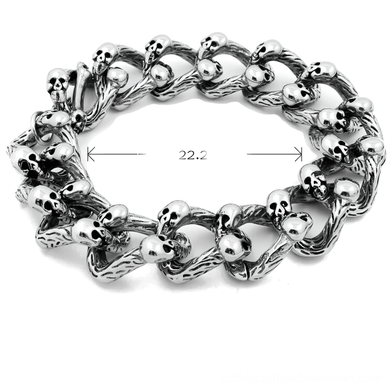 Skull chain bracelet with size measurement 22.2cm displayed flat, showing full curb chain design with bone clasps