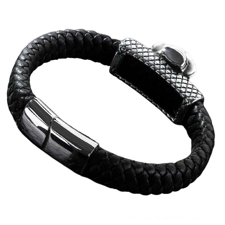 Black leather gothic skull bracelet side close-up showing braided leather strap, polished metal hardware, and detailed skull decoration with fedora
