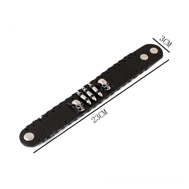 Skull leather gothic bracelet sizing reference, flat lay showing 23cm total length and 3cm width with black braided leather and metal decorations on white background