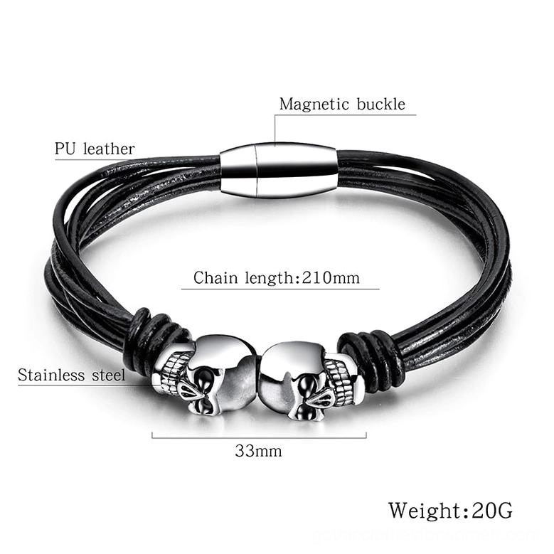 Double skull bracelet flat product view with specifications label showing 210mm length and 20g weight