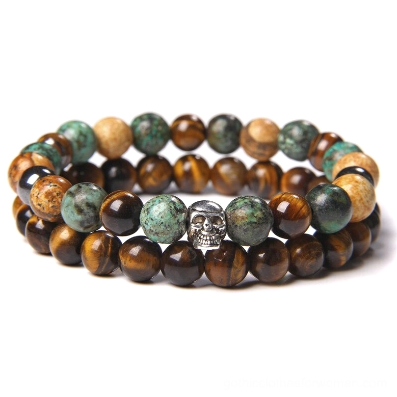 Double-strand gothic bracelet with tiger's eye and green natural stone beads, skull metal spacer accent