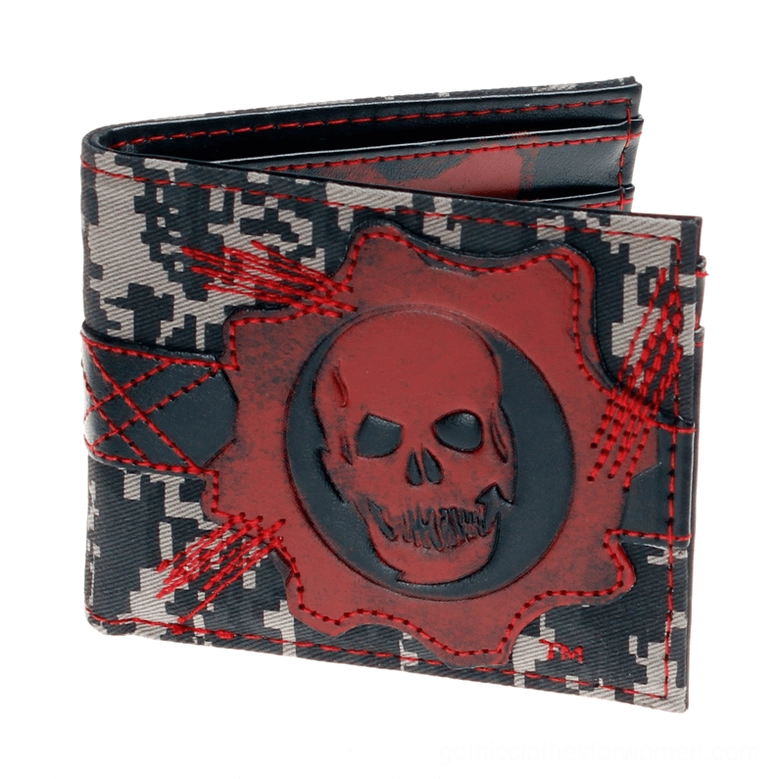 Gothic skull camo bifold wallet front three-quarter view with embossed red skull gear logo and red contrast stitching on white background