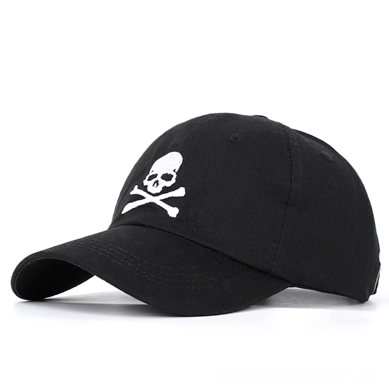 Black gothic skull baseball cap with embroidered skull and crossbones design, side front view