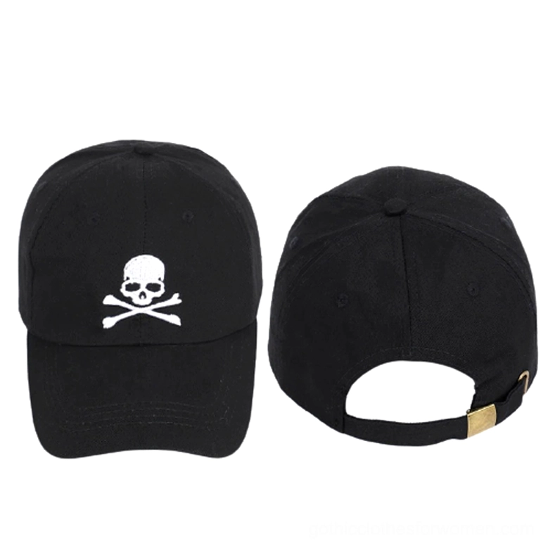 Black gothic skull cap front and rear view showing embroidery and adjustable buckle strap