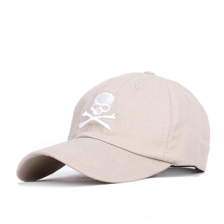 Khaki beige gothic skull baseball cap with embroidered skull crossbones, side view alternative color