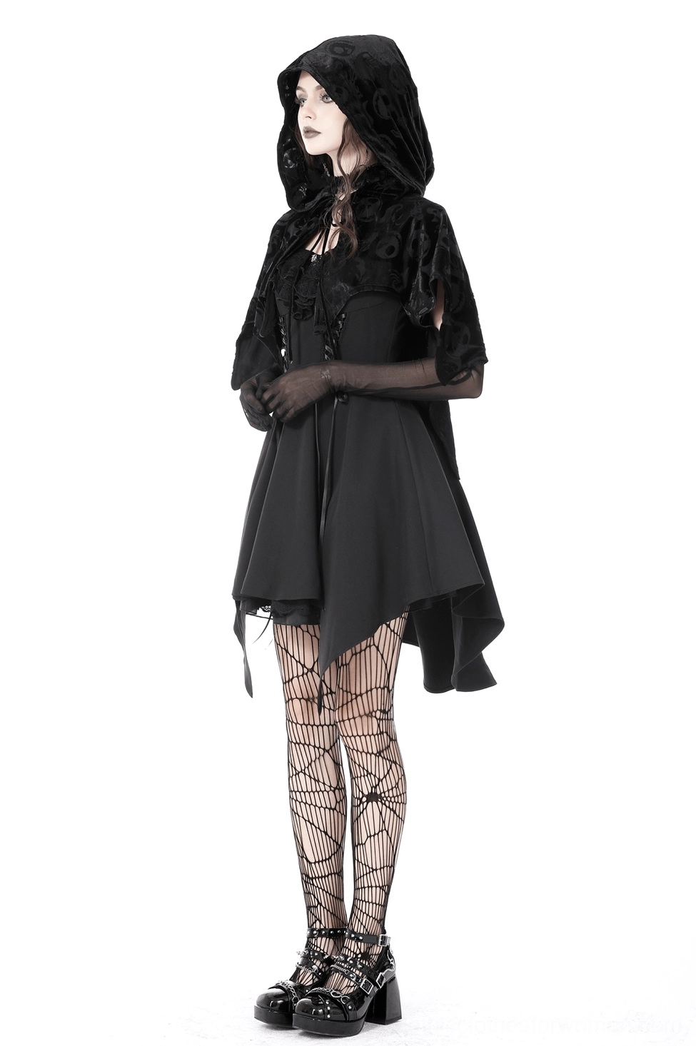 Gothic skull cape angle view, embossed velvet texture, hood design, dramatic drape for alternative fashion