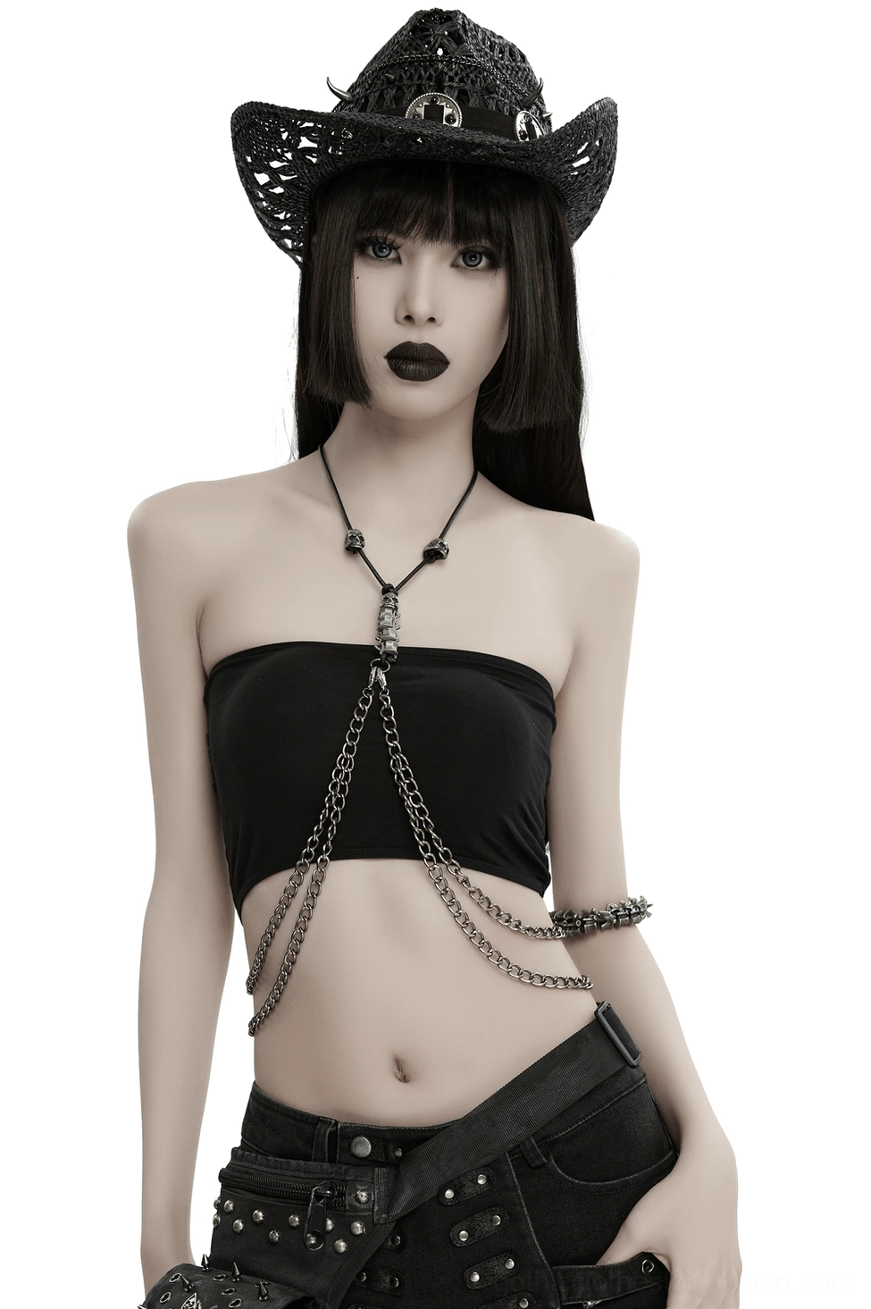 Silver skull chain body harness front view on gothic model with cowboy hat, layered metal chains with black neck cord