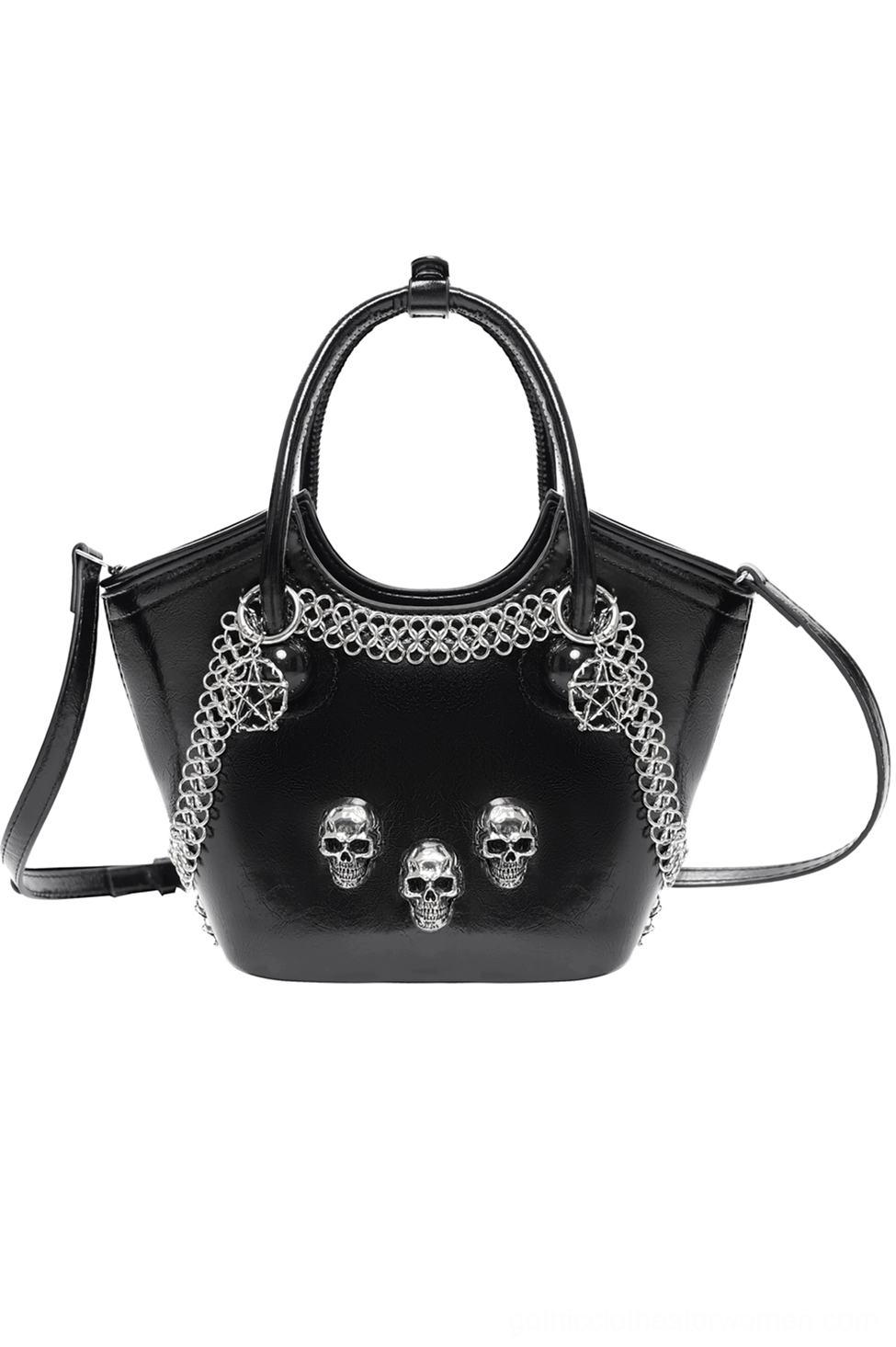 Black gothic skull chain tote bag with silver pentagram accents and three skull charms, front flat lay view