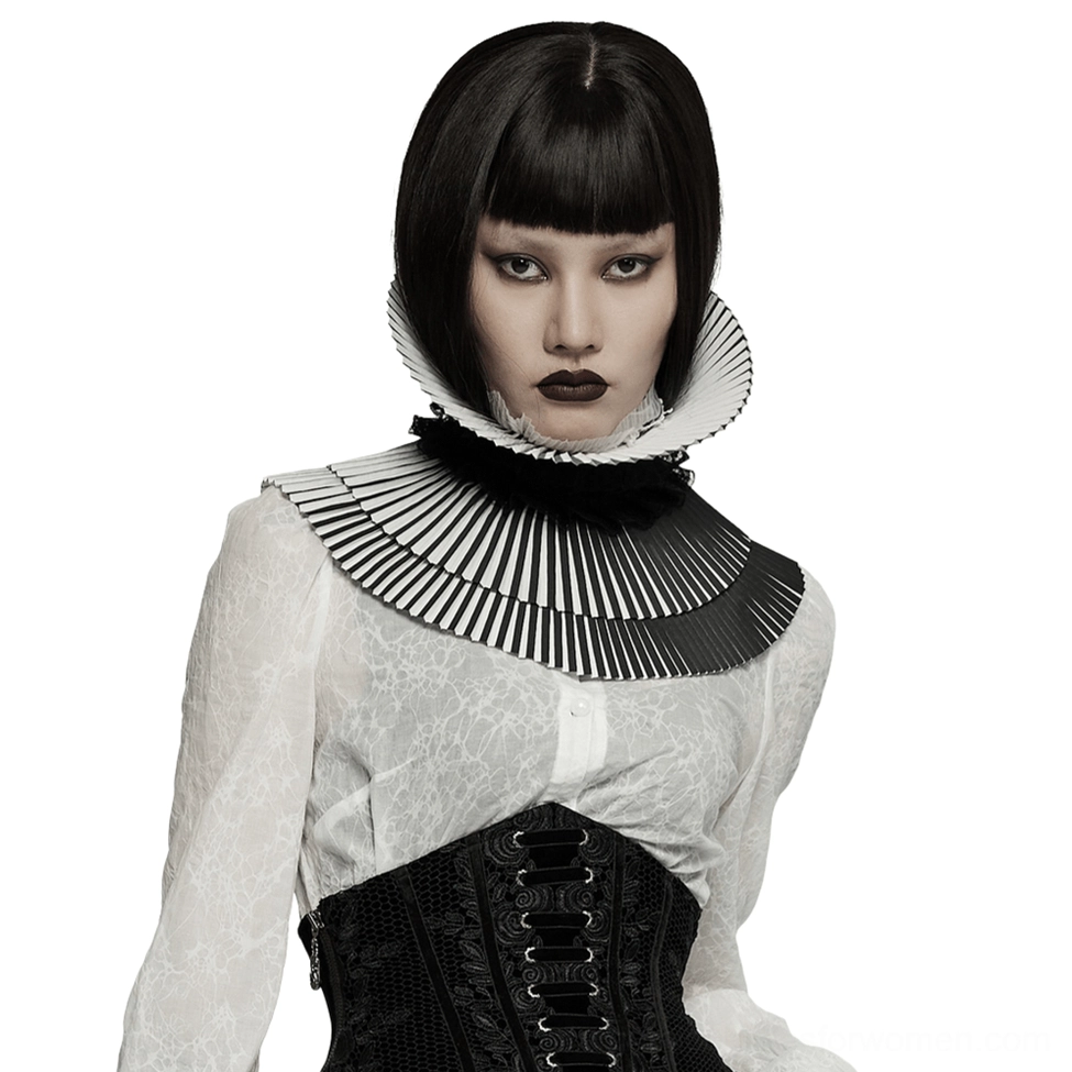 Gothic detachable bow choker worn with matching lace corset and sheer shirt, alternative fashion styling