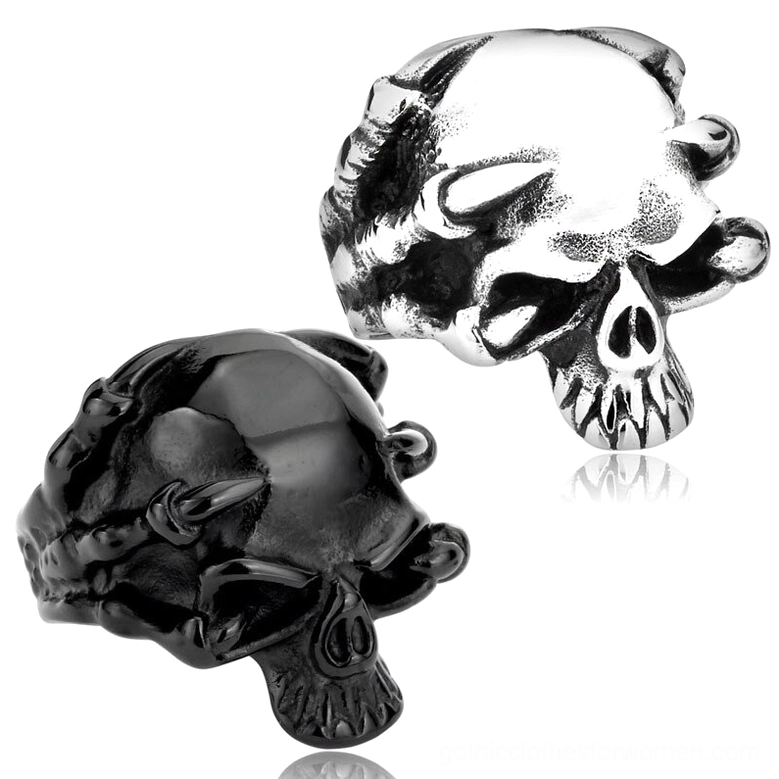 Pair of gothic skull claw rings - silver and black stainless steel skeleton rings together, angled front view