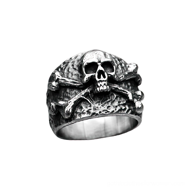 Skull crossbones stainless steel gothic ring front three-quarter view with hammered texture and aged silver finish