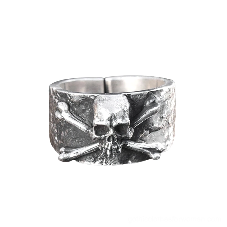 Solid sterling silver gothic ring with skull and crossbones design, front flat view showing hammered texture and open adjustable band