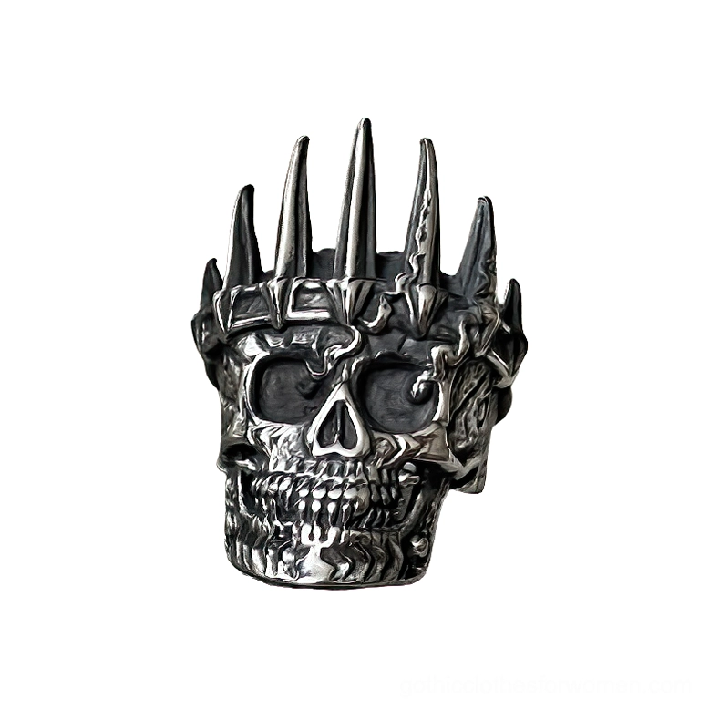 Dark silver gothic skull ring with crown frontal view engraved skull facial textures aged metal finish