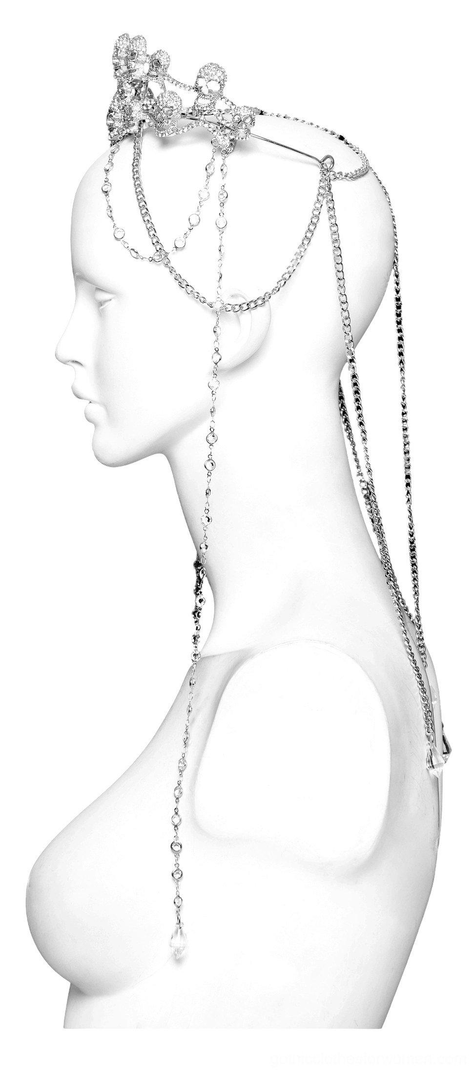 Front mannequin view of silver gothic skull crown tiara with gem-adorned skulls and full chain cascade details