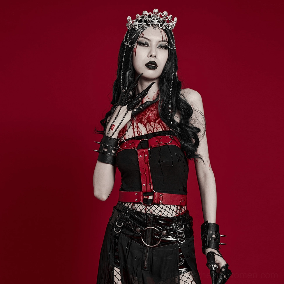 Silver gothic skull crown tiara featuring multiple skull motifs with crystal rhinestones and flowing chain accents