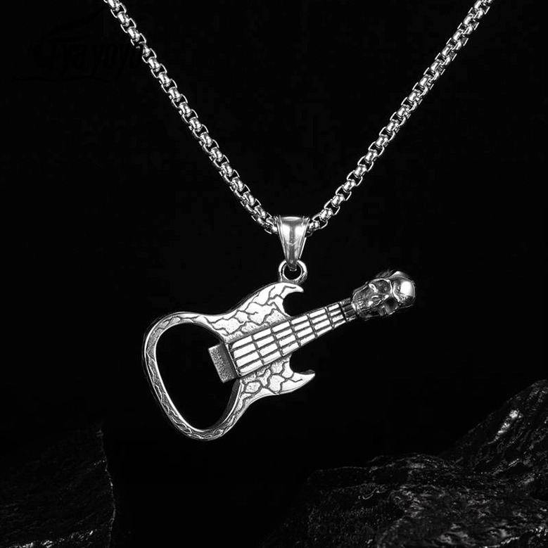 Skull guitar gothic necklace pendant detail showing fretboard texture and skull end cap