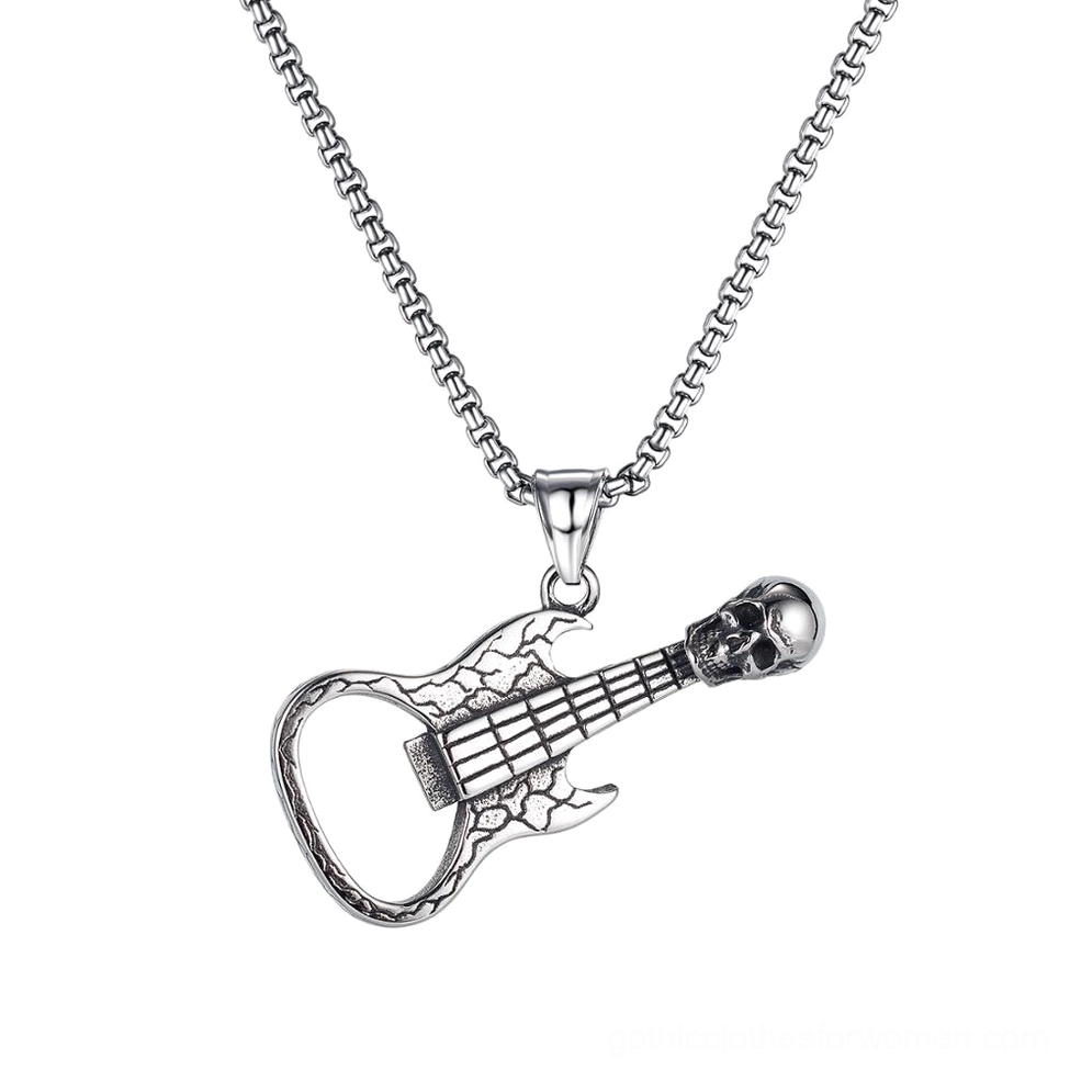 Skull guitar stainless steel pendant necklace front view gothic jewelry for men