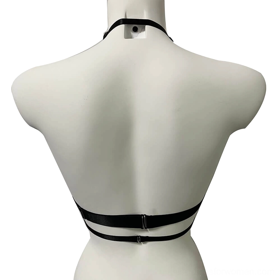Gothic transparent bra back view showing dual adjustable straps and halter neck configuration with skull embroidery details