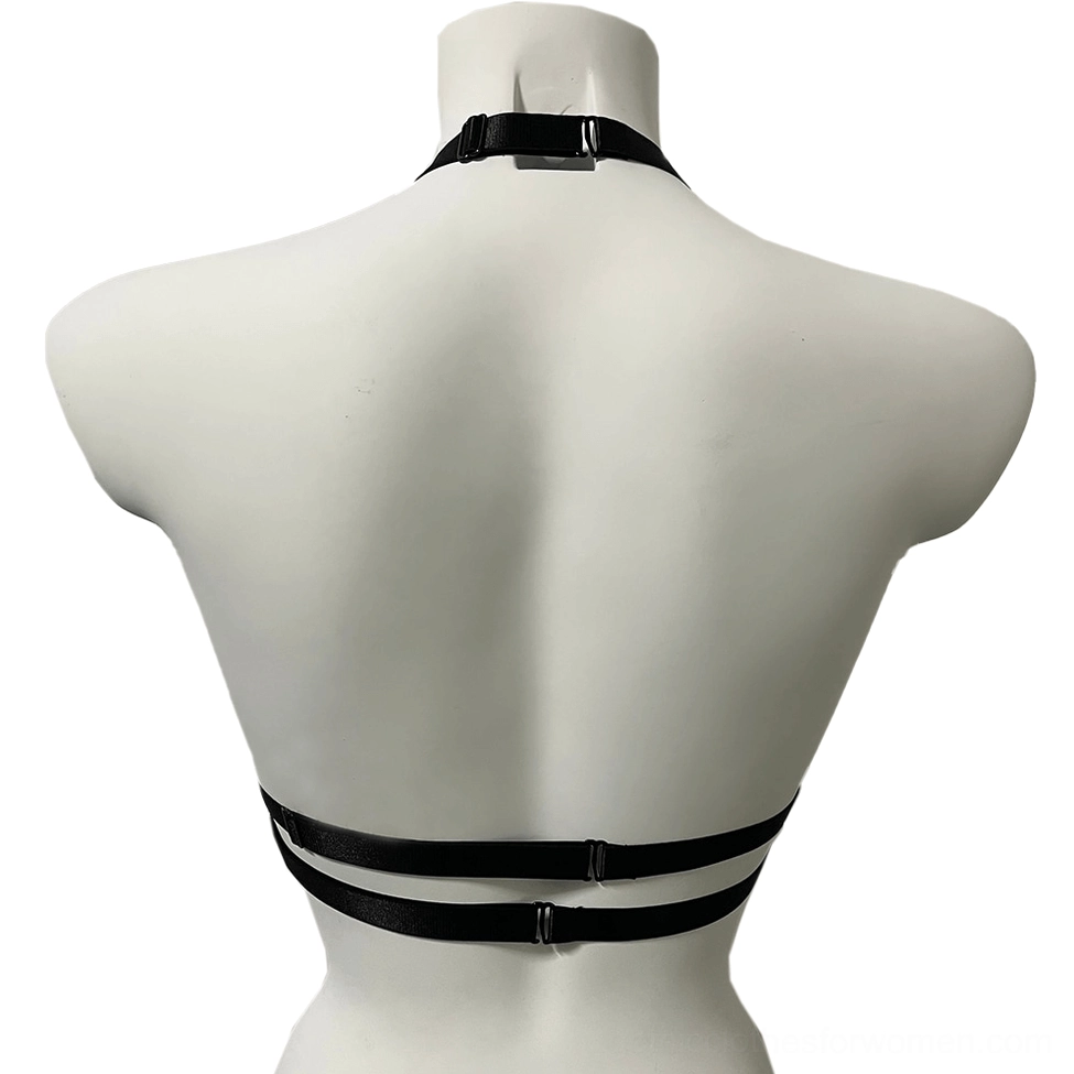 Adjustable gothic harness bra back view showing buckle closure straps and harness construction