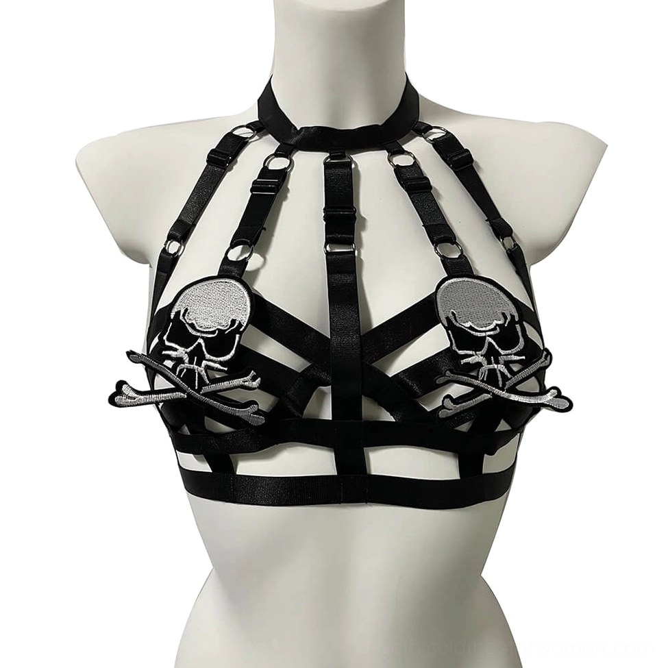 Black gothic skull harness bra front view with silver skull embroidery patches and adjustable elastic straps