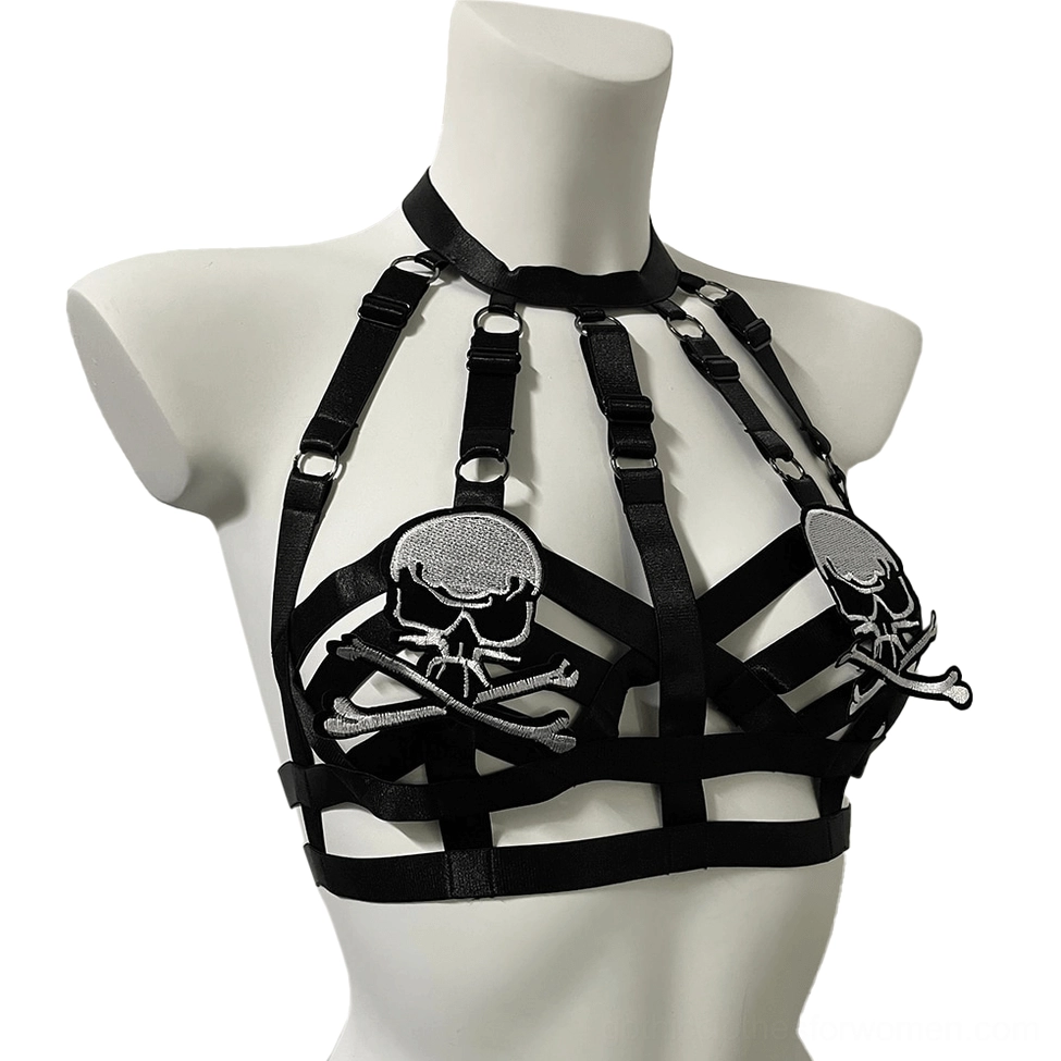 Gothic bondage harness bra detailed front view with hollow strappy design and metallic skull embroidery