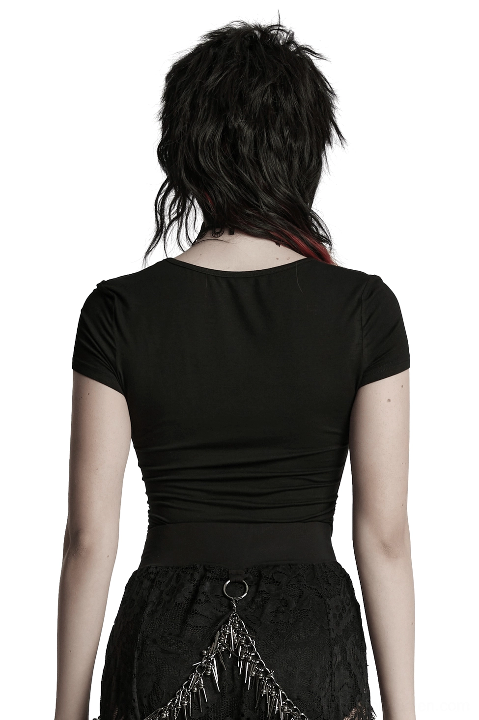 Black gothic t-shirt back view showing ruched waist and chain tassel decoration