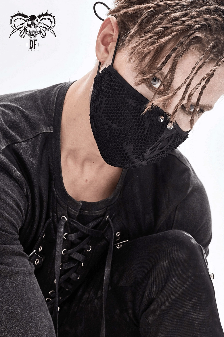 Gothic skull mesh face mask care instructions and fabric composition details