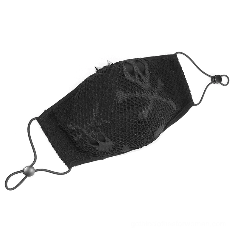 Black gothic skull mesh face mask flat lay oblique angle showing adjustable metal cord toggle and skull pattern