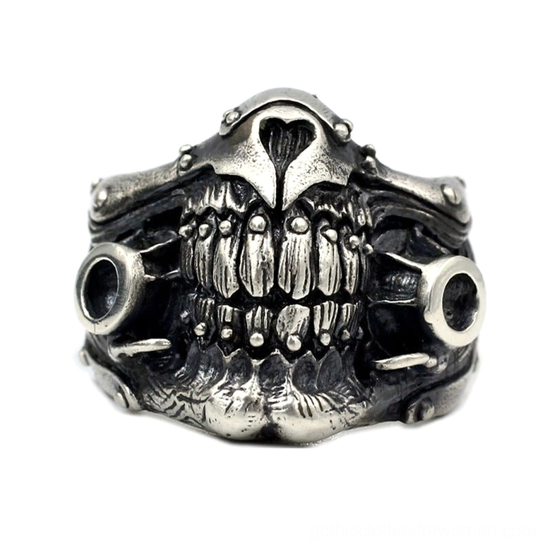 Gothic punk skull gas mask ring front view displaying dual air vents and detailed dentition