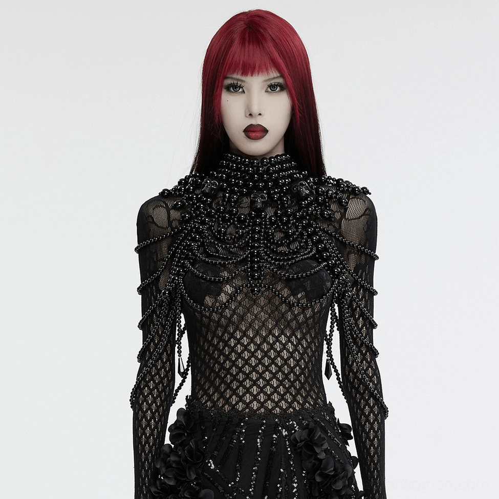 Alternative view of gothic women's pearl skull body harness showing overall silhouette and design elegance