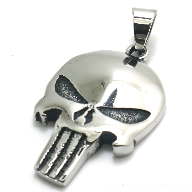 Stainless steel skull pendant alternate angle showing darkened engraved facial details and high-polish silver surface