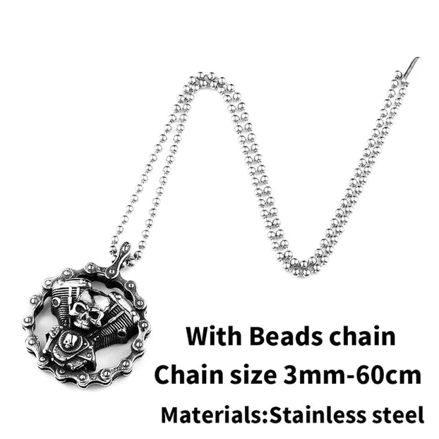 Gothic skull motorcycle engine pendant on 3mm beaded chain - 60cm length stainless steel necklace in vintage silver finish