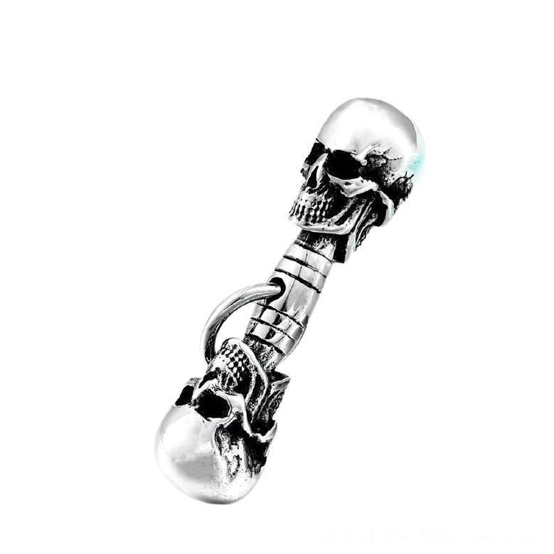 Engraved skull texture detail, polished stainless steel gothic pendant front angle