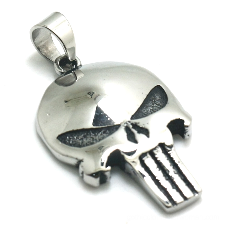 Gothic stainless steel skull pendant with engraved grimace face, front three-quarter view showing polished silver finish and detailed facial features