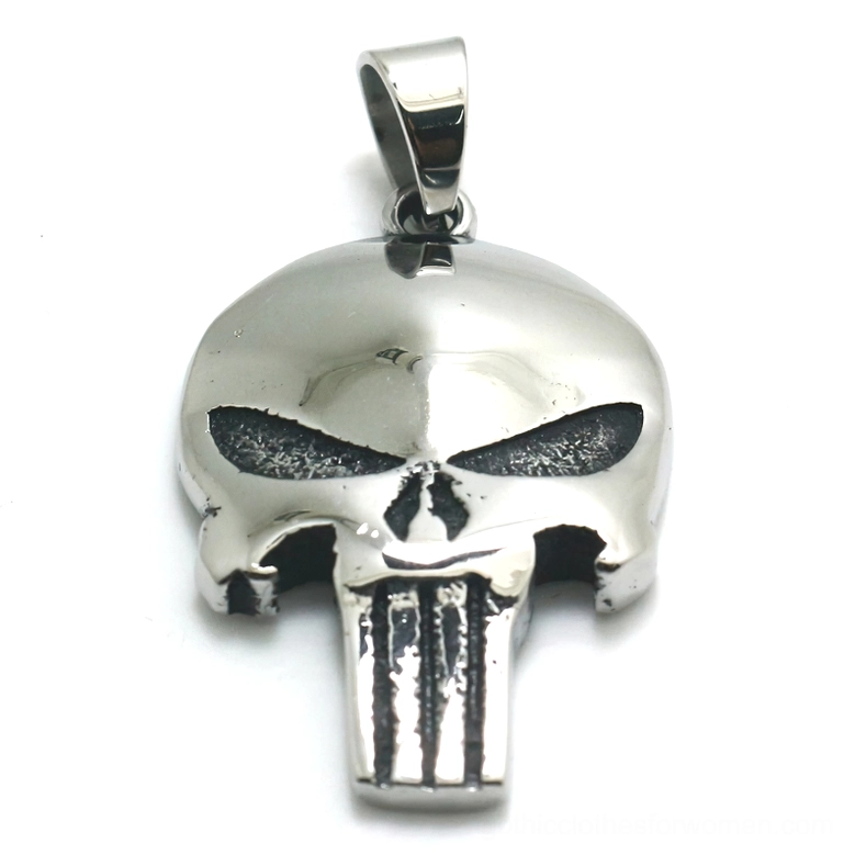 Classic skull pendant frontal direct view highlighting the anatomical bone structure and symmetrical design of this gothic necklace