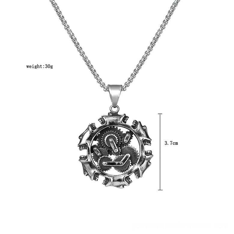Finished steampunk skull pendant necklace with curb chain on white background studio shot, 3.7cm pendant size