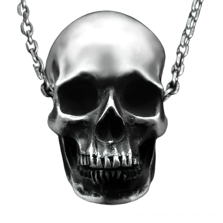 Antique silver skull pendant necklace close-up frontal view showcasing realistic anatomical bone carving and gothic jewelry craftsmanship