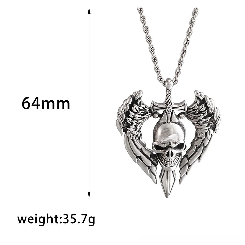 Winged skull necklace with detailed specs showing 64mm height and 35.7g weight, front view on white background