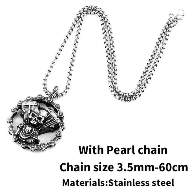 Pearl link chain gothic skull pendant necklace - 3.5mm width chain with 60cm length, stainless steel biker jewelry