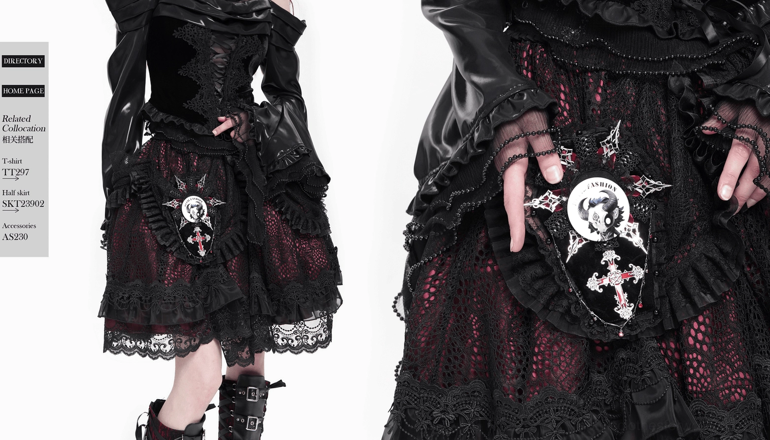 Full gothic lolita outfit featuring horned skull pin badge shown from multiple angles and wearing perspectives