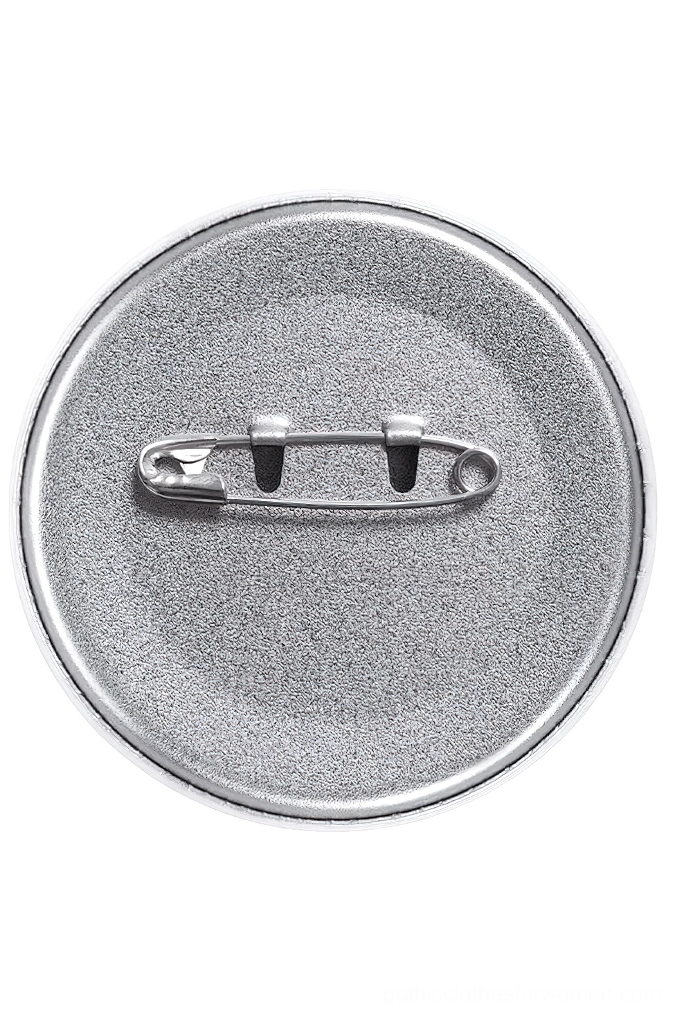 Reverse side view of gothic skull enamel pin showing brushed silver metal safety pin clasp backing