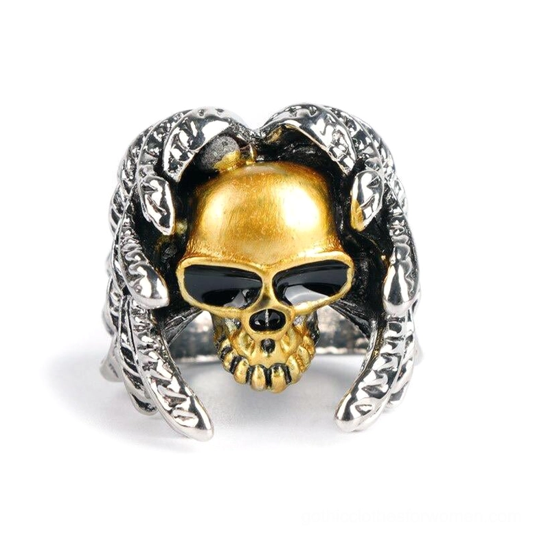 Gothic skull biker ring front view, black enamel eyes with silver feather trims, punk metal jewelry