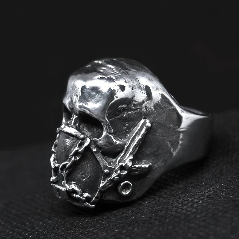 Side profile of polished silver gothic skull ring with detailed skull structure and band