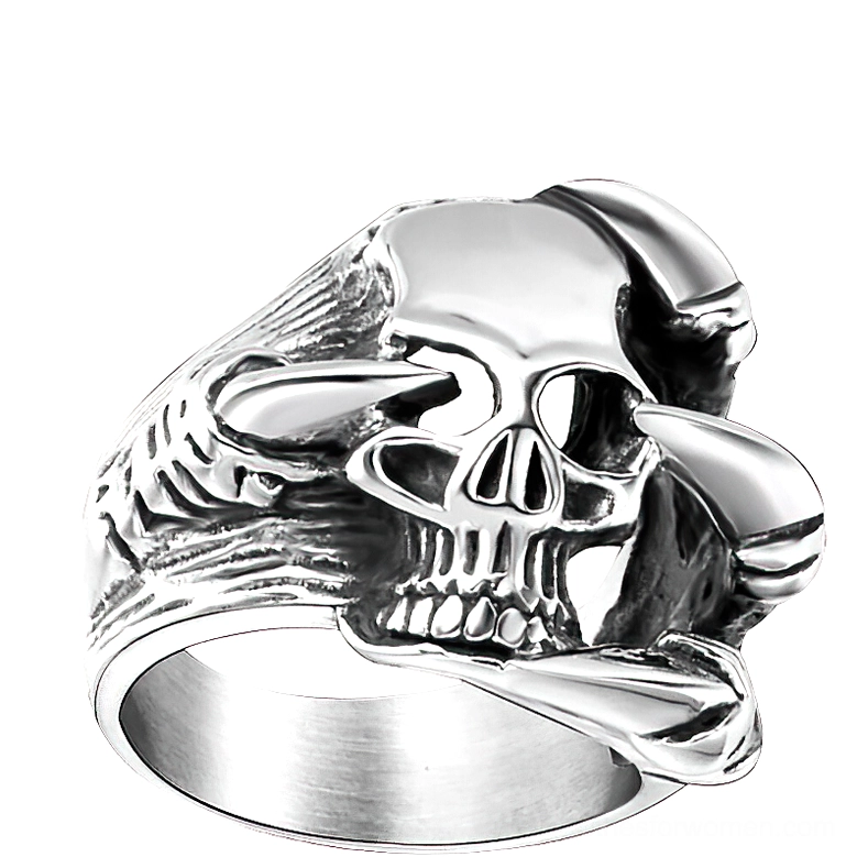 Stainless steel gothic skull ring side profile with intricate carved skull details