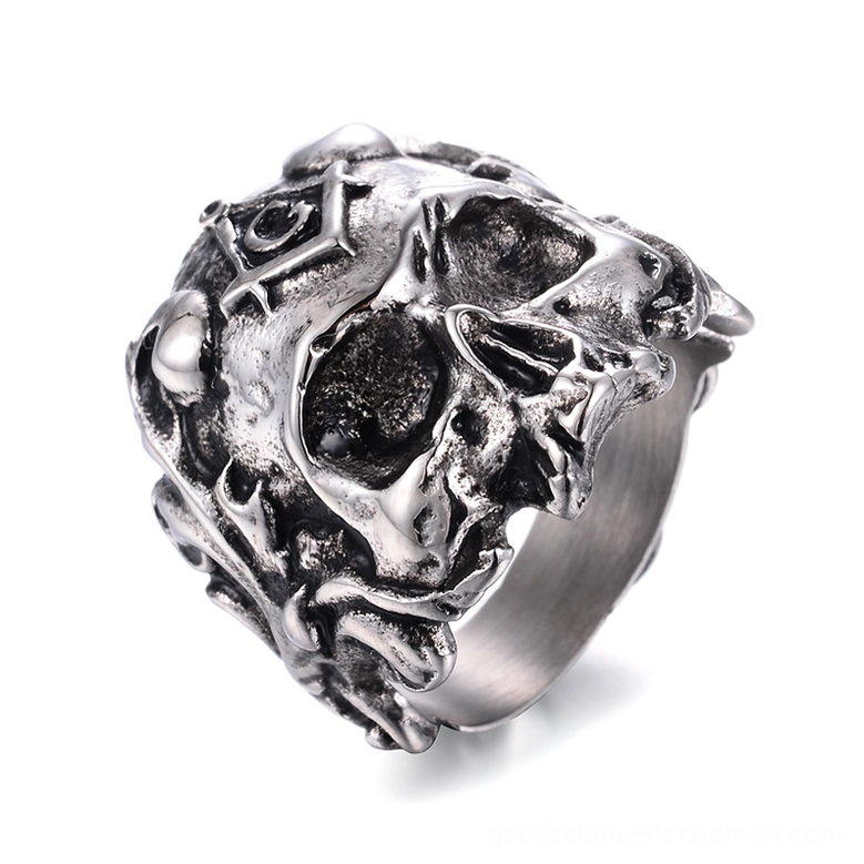 Right side profile of gothic Masonic skull ring showing inner band and aged silver texture with intricate details