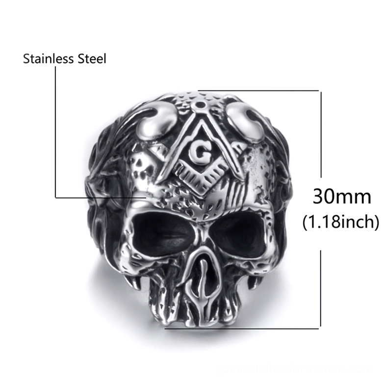 Masonic skull ring direct front view with dimension specifications showing 30mm height and stainless steel construction