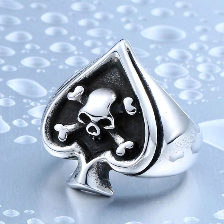 Gothic spade skull signet ring texture and dimension polished silver finish
