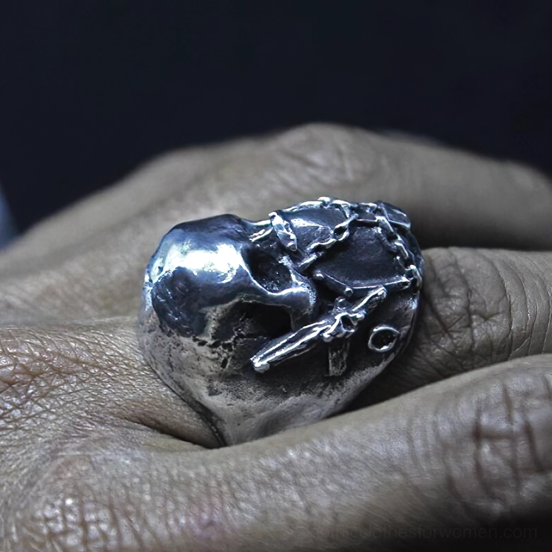 Gothic skull ring worn on finger showing real-world styling and silver metal texture in close-up